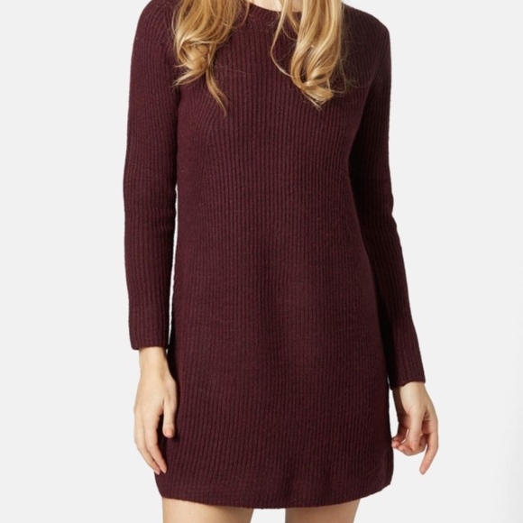 Topshop Dresses & Skirts - Topshop Maroon Ribbed Sweater Mini Sleeved Dress